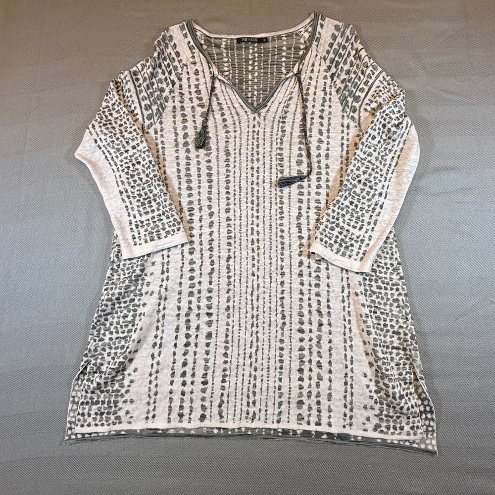 NIC+ZOE Linen Blend Tassel V-Neck Tunic Top Gray White PS 2481